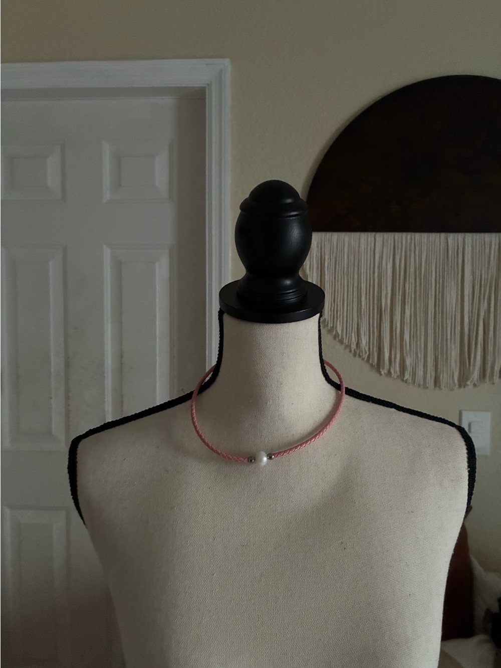 Delicate Pink Braided Leather Necklace with Pearl Accent
